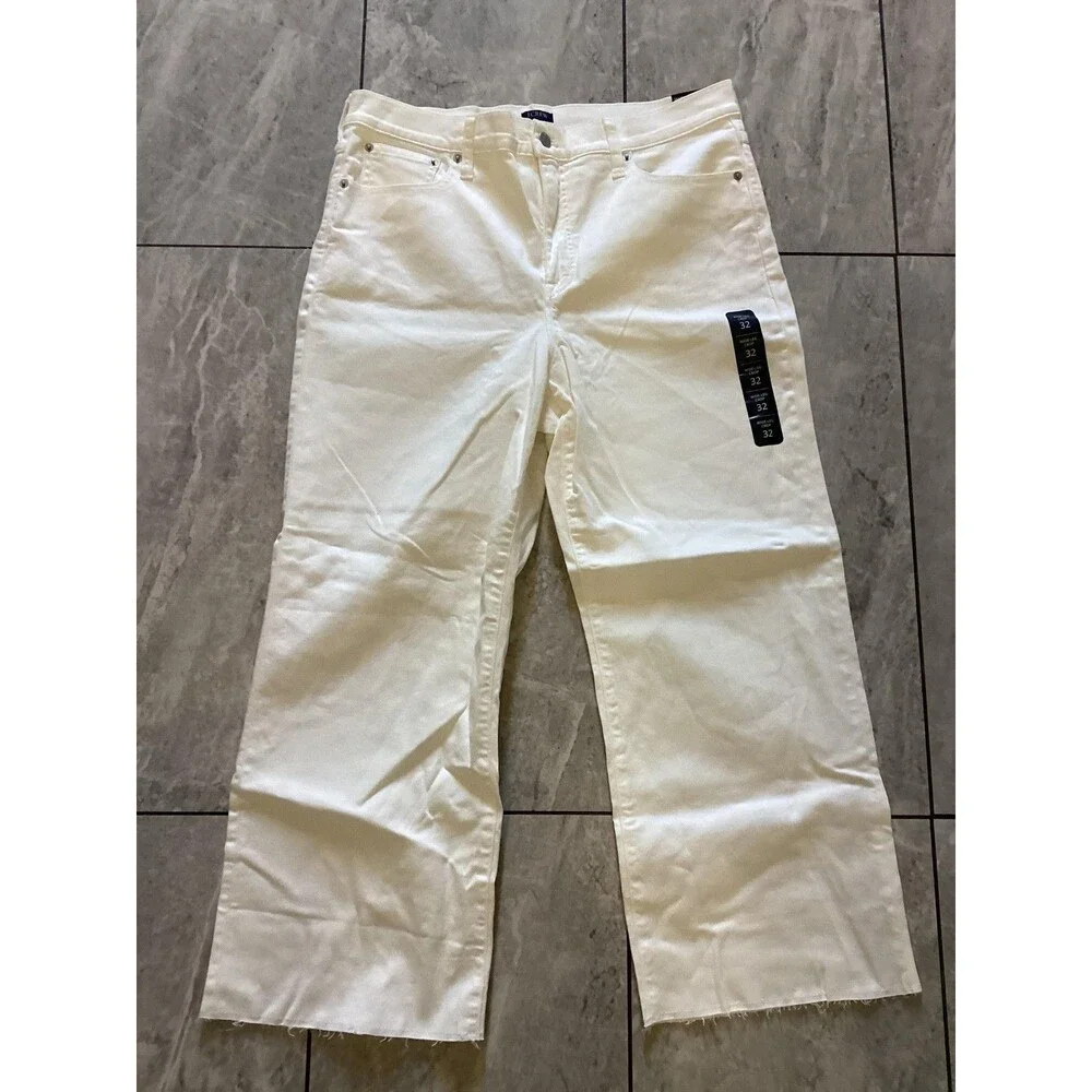 J Crew Wide Leg Crop Jeans Womens 32 White High Rise All Day Stretch Raw Hem